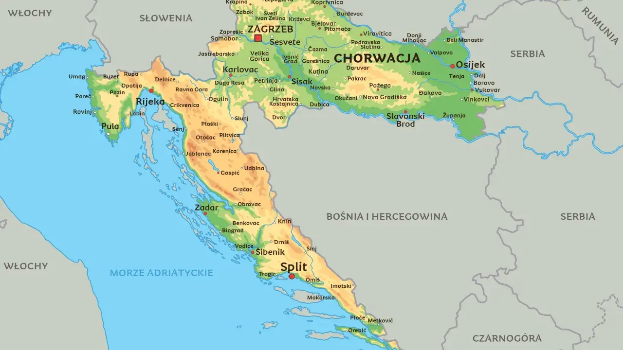 Mapa Chorwacji z zaznaczonymi miastami i regionami. Idealny przewodnik po Chorwacji dla każdego podróżnika.