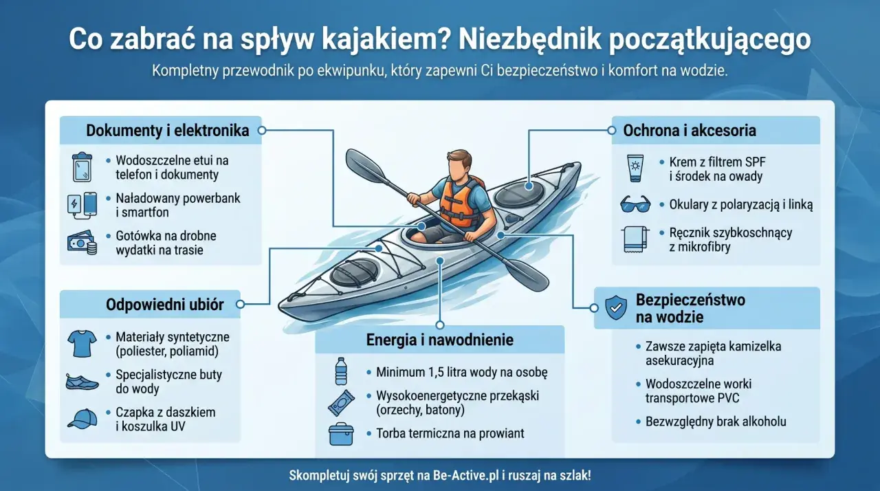Co zabrać na kajaki? Lista rzeczy: dokumenty, elektronika, odpowiedni ubiór, ochrona, energia, nawodnienie i bezpieczeństwo na wodzie.