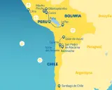 Mapa turystyczna Ameryki Południowej: Peru, Boliwia, Chile, Argentyna, Paragwaj, Brazylia. Zaznaczone miasta: Lima, Cusco, La Paz, Salar de Uyuni, San Pedro de Atacama, Santiago de Chile.
