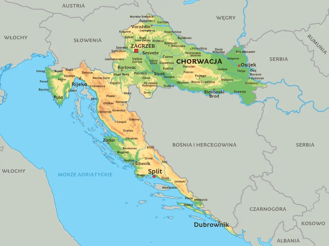 Mapa Chorwacji z zaznaczonymi miastami i regionami. Idealny przewodnik po Chorwacji dla każdego podróżnika.