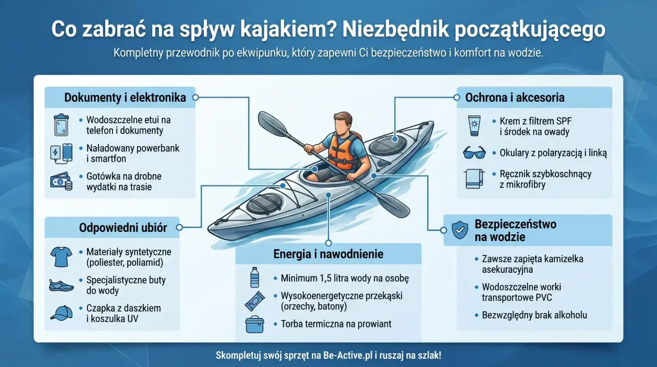 Co zabrać na kajaki? Lista rzeczy: dokumenty, elektronika, odpowiedni ubiór, ochrona, energia, nawodnienie i bezpieczeństwo na wodzie.