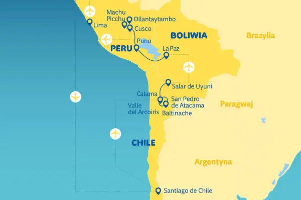 Mapa turystyczna Ameryki Południowej: Peru, Boliwia, Chile, Argentyna, Paragwaj, Brazylia. Zaznaczone miasta: Lima, Cusco, La Paz, Salar de Uyuni, San Pedro de Atacama, Santiago de Chile.